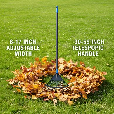 8-17" Expandable Metal Garden Rake, Long Handle Heavy Duty for Lawns Camping