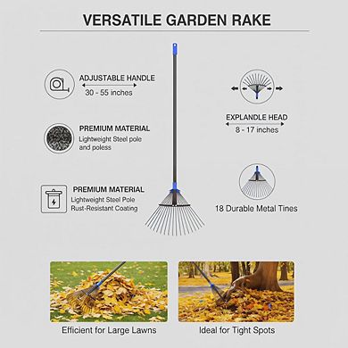 8-17" Expandable Metal Garden Rake, Long Handle Heavy Duty for Lawns Camping