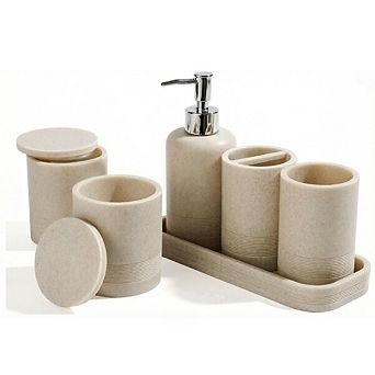 JUANWANG 6 pc Bathroom Set, Soap Dispenser, Tumbler, Organizer, Beige