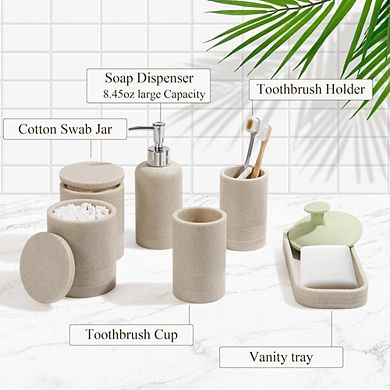 JUANWANG 6-Piece Bathroom Set, Soap Dispenser, Tumbler, Organizer, Beige