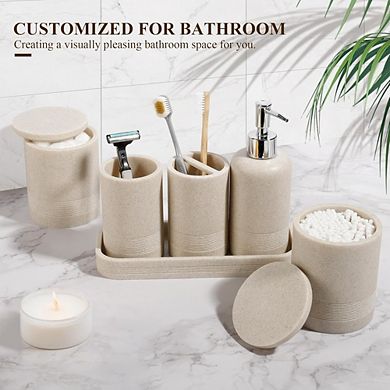 JUANWANG 6-Piece Bathroom Set, Soap Dispenser, Tumbler, Organizer, Beige