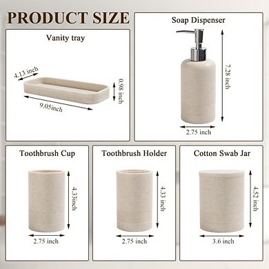 JUANWANG 6-Piece Bathroom Set, Soap Dispenser, Tumbler, Organizer, Beige