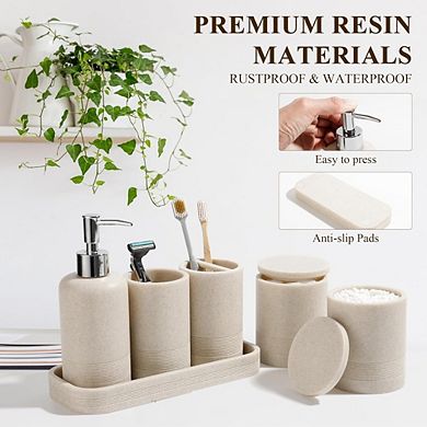 JUANWANG 6-Piece Bathroom Set, Soap Dispenser, Tumbler, Organizer, Beige