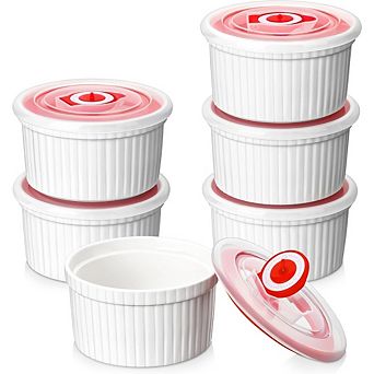 JUANWANG 6-Pack 8oz Ramekins with Lids, White Porcelain, Oven & Dishwasher Safe