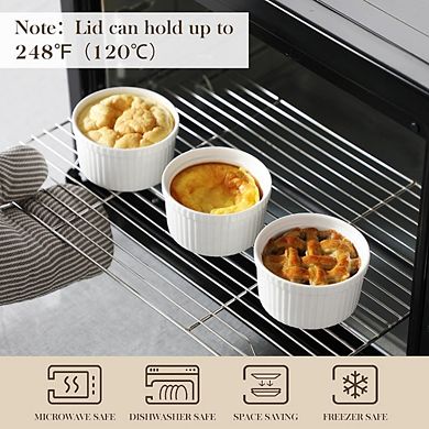 JUANWANG 6-Pack 8oz Ramekins with Lids, White Porcelain, Oven & Dishwasher Safe