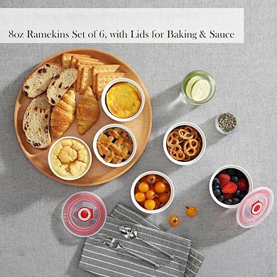 JUANWANG 6-Pack 8oz Ramekins with Lids, White Porcelain, Oven & Dishwasher Safe