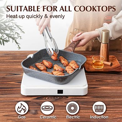 JUANWANG 9.5" Nonstick Grill Pan, Stovetop Griddle with Pour Spouts, Indoor Outdoor