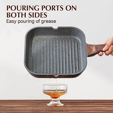 JUANWANG 9.5" Nonstick Grill Pan, Stovetop Griddle with Pour Spouts, Indoor Outdoor