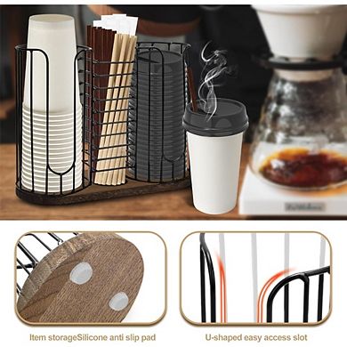 JUANWANG 3-Compartment Cup Dispenser with Wood Base, 18oz, Holds Cups, Lids, Straws
