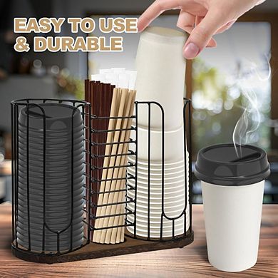 JUANWANG 3-Compartment Cup Dispenser with Wood Base, 18oz, Holds Cups, Lids, Straws