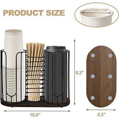 JUANWANG 3-Compartment Cup Dispenser with Wood Base, 18oz, Holds Cups, Lids, Straws