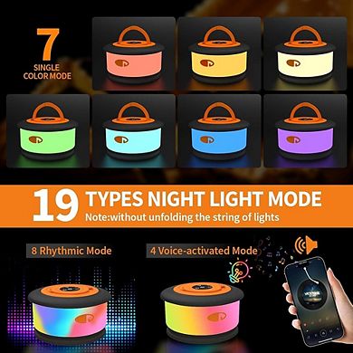 Camping String Lights, Retractable RGB Rechargeable Outdoor Lantern Lights