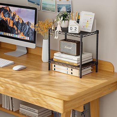 2-Tier Metal Wire Bookshelf, Adjustable Freestanding Storage Organizer