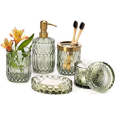 EMPO 6PCS Bathroom Clear Glass Accessories Set (Lotion Soap Dispenser, Soap Dish, Toothbrush Holder,