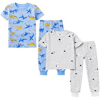 Kids Boys Blue Dinosaurs Astronauts 2 Pack Short Sleeve Pajamas Snug Fit