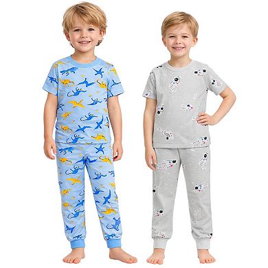 Kids Boys Blue Dinosaurs Astronauts 2 Pack Short Sleeve Pajamas Snug Fit