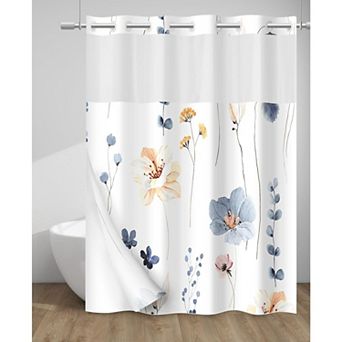 No Hook Shower Curtain with Snap in Liner-Watercolor Floral Shower Curtain - Fabric Waterproof Inner