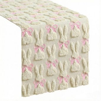 Soft Plush Faux Fur Jacquard Bunny Bow Easter Table Runner, Holiday Kitchen Dining Table Decoration