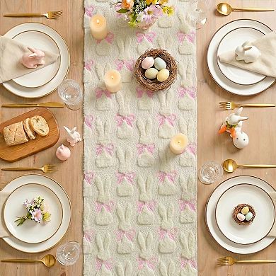Soft Plush Faux Fur Jacquard Bunny Bow Easter Table Runner, Holiday Kitchen Dining Table Decoration