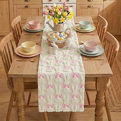 Soft Plush Faux Fur Jacquard Bunny Bow Easter Table Runner, Holiday Kitchen Dining Table Decoration
