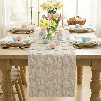 Soft Plush Faux Fur Jacquard Bunny Bow Easter Table Runner, Holiday Kitchen Dining Table Decoration