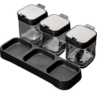 Condiment Jar Spice Container with Lids and Spoons, 8.6oz Clear Glass Condiment Canisters Pots