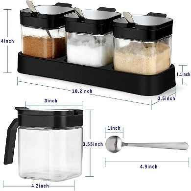 Condiment Jar Spice Container with Lids and Spoons, 8.6oz Clear Glass Condiment Canisters Pots
