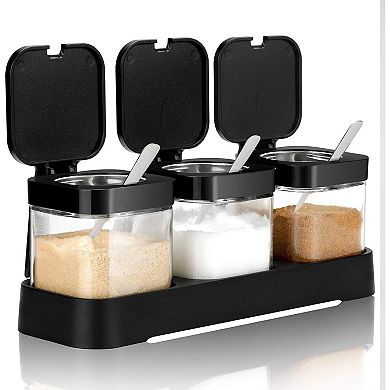 Condiment Jar Spice Container with Lids and Spoons, 8.6oz Clear Glass Condiment Canisters Pots