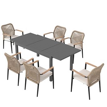 SUNSITT 7 pc Outdoor Dining Set, 59" - 83" Expandable Table and 6 Chairs, Dark Grey
