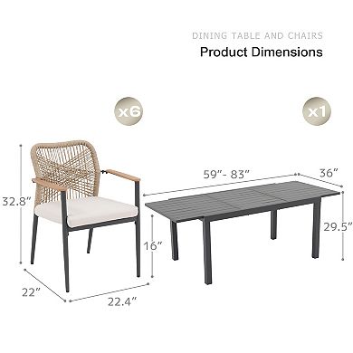 SUNSITT 7 Piece Outdoor Dining Set, 59" - 83" Expandable Table and 6 Chairs, Dark Grey