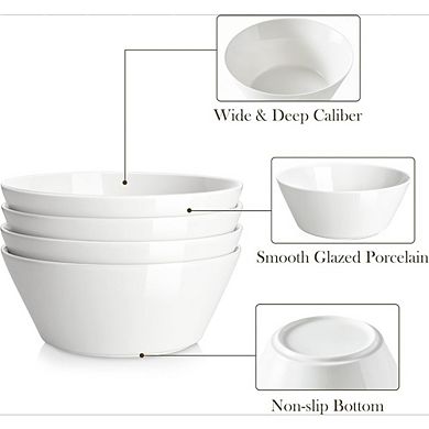 JUANWANG Set of 4 White Porcelain Bowls, 60oz, Microwave & Dishwasher Safe