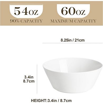 JUANWANG Set of 4 White Porcelain Bowls, 60oz, Microwave & Dishwasher Safe
