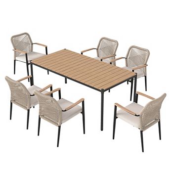 SUNSITT 7 pc Outdoor Patio Dining Set, 70” Metal Dining Table w/ WPC Tabletop and 6 Patio Chairs