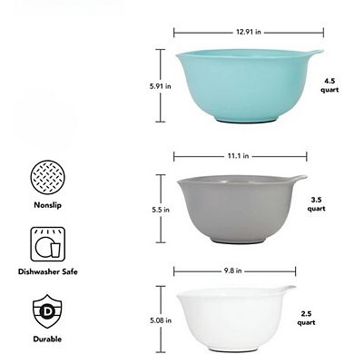 JUANWANG 3-Piece Nesting Mixing Bowls, 2.5-4.5 Qt, Non-Slip Base, Pour Spout