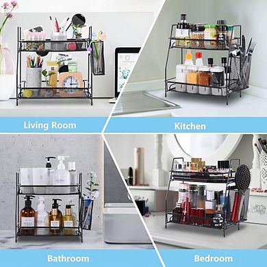 2-Tier Countertop Organizer with Small Basket, Bathroom & Kitchen Storage