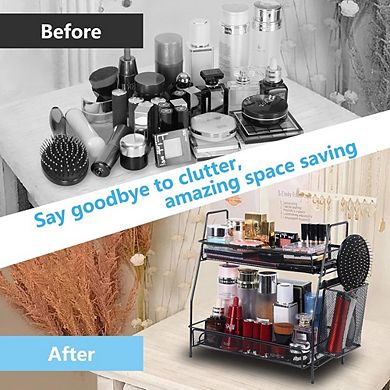 2-Tier Countertop Organizer with Small Basket, Bathroom & Kitchen Storage