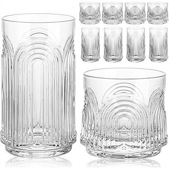 Art Deco Vintage Glasses Set of 8, Highball & Cocktail Glasses, 1017 oz