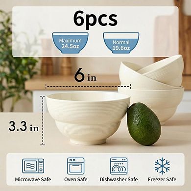 Ceramic Cereal & Soup Bowls, Set of 6, 24.5oz, Microwave & Dishwasher Safe