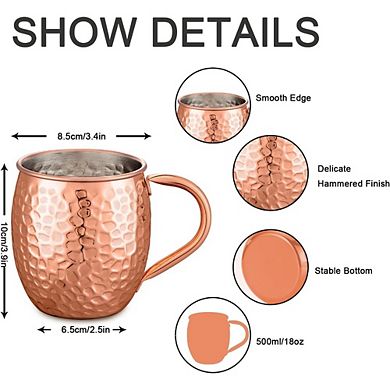 Set of 4 Moscow Mule Mugs, Copper Stone-Pattern, Stainless Lining, for Beer/Wine/Cold Drinks