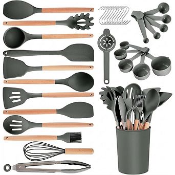Silicone Cooking Utensil Set with Holder Wooden Handle Kitchen Tools
