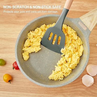 Silicone Cooking Utensil Set with Holder Wooden Handle Kitchen Tools