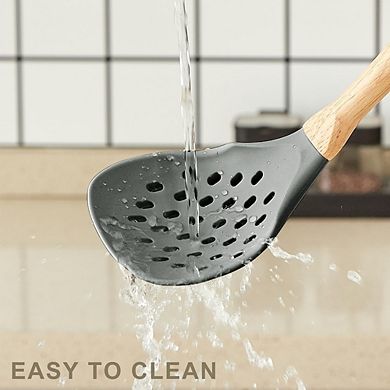 Silicone Cooking Utensil Set with Holder Wooden Handle Kitchen Tools