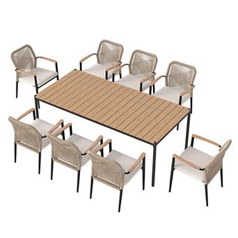 SUNSITT 9 pc Outdoor Patio Dining Set, 82.6” Metal Dining Table w/ WPC Tabletop and 8 WPC Chairs