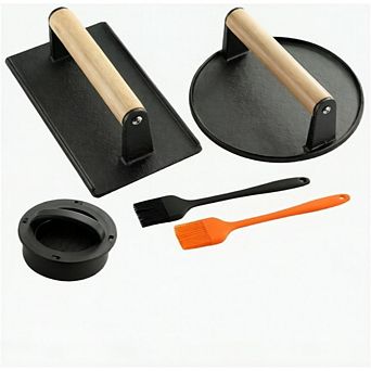 JUANWANG 4-in-1 Stuffed Burger Press Kit, 2 Cast Iron Presses & Brushes,Non-Stick,for Grill/Griddle
