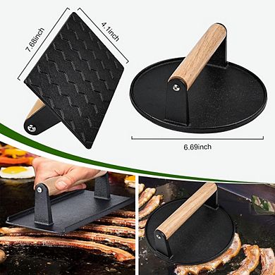 JUANWANG 4-in-1 Stuffed Burger Press Kit, 2 Cast Iron Presses & Brushes,Non-Stick,for Grill/Griddle