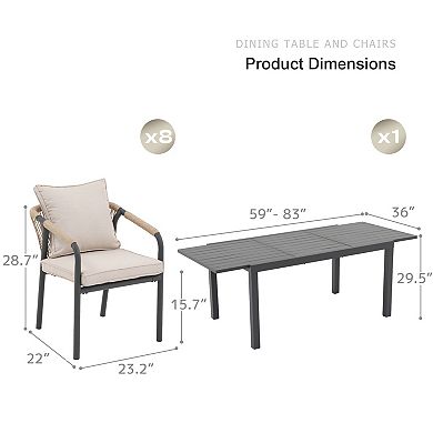SUNSITT 9 Piece Outdoor Dining Set, 59" - 83" Expandable Table and 8 Patio Chairs Dark Grey