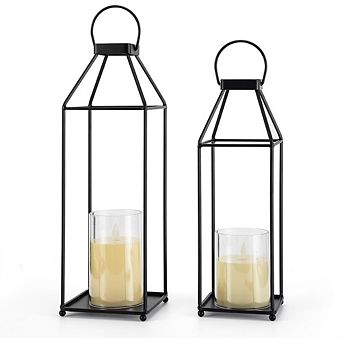 JUANWANG 2 pc Black Metal Lanterns with LED Candle, Indoor Outdoor Decor, Small & Large
