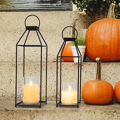 JUANWANG 2Pcs Black Metal Lanterns with LED Candle, Indoor Outdoor Decor, Small & Large
