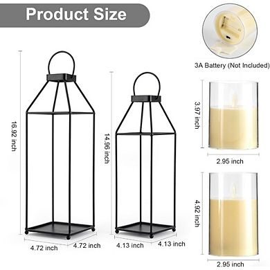 JUANWANG 2Pcs Black Metal Lanterns with LED Candle, Indoor Outdoor Decor, Small & Large