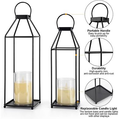 JUANWANG 2Pcs Black Metal Lanterns with LED Candle, Indoor Outdoor Decor, Small & Large